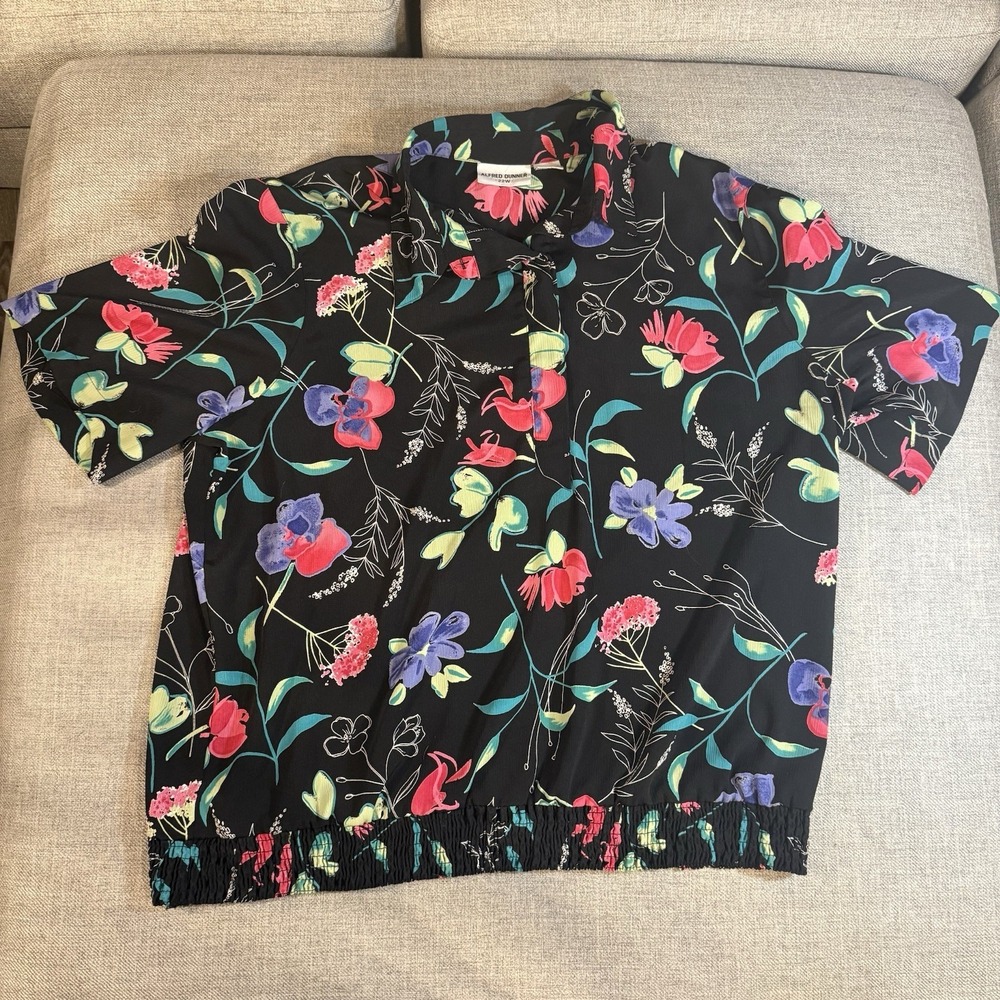 Alfred Dunner Floral‎ Blouse Womens 22W Black Multicolor Button Front Top Plus